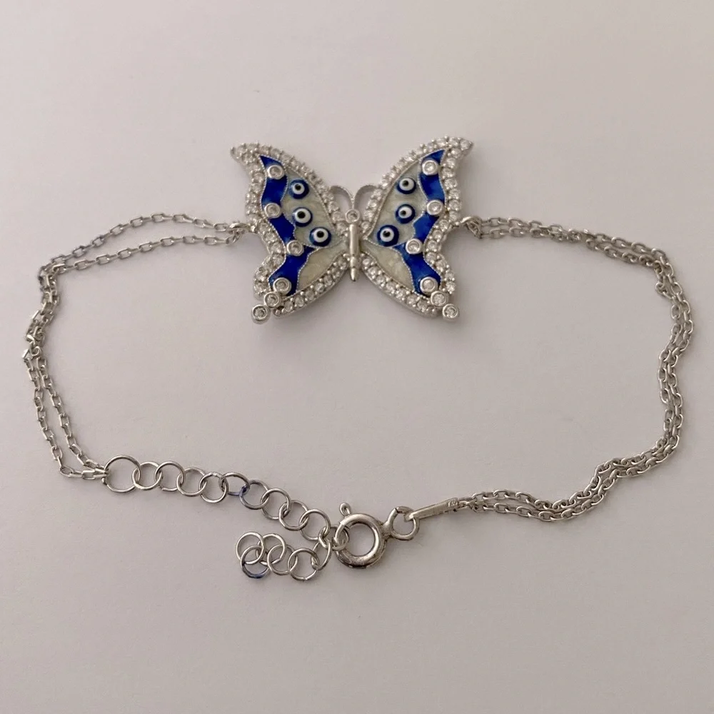 925 Silver butterfly bracelet blue evileye cz stones handmade enamel